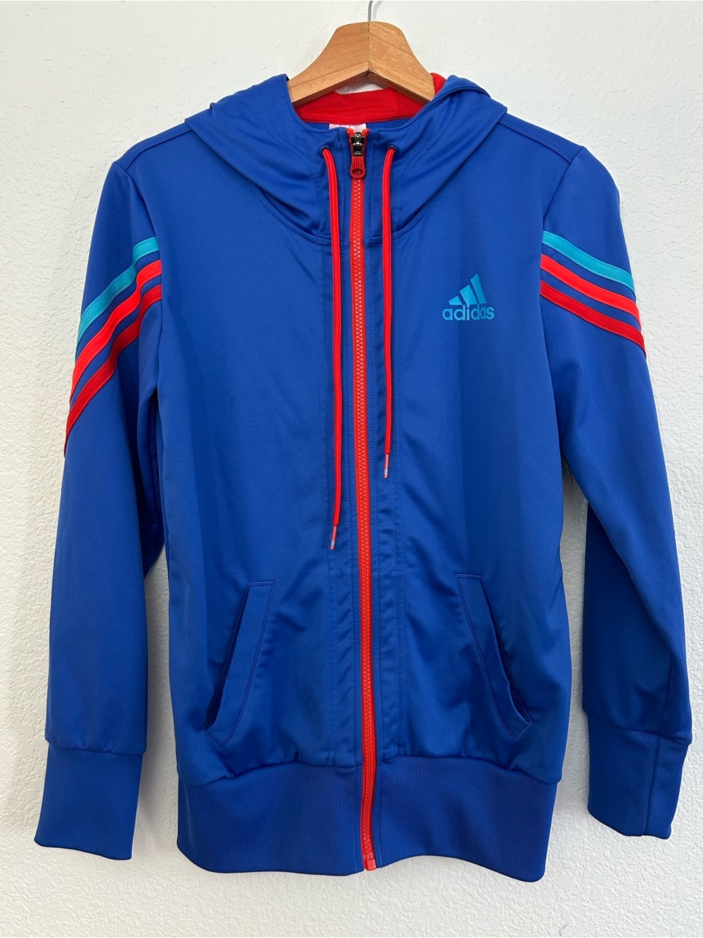 ADIDAS Size S Hooded Track Jacket ROYAL BLUE RETRO ARCADE STRIPE FULL ZIP